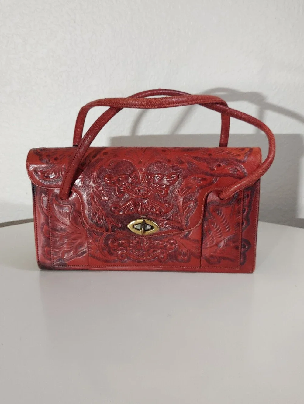 Vintage Red Floral Tooled Leather Mid-Century Artisan Satchel Hand Bag Purse